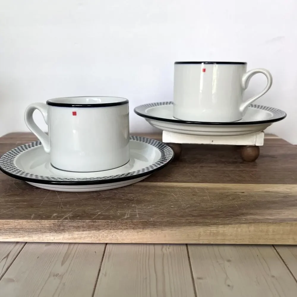 Set of 2 Vintage 90s Dansk Solvang Bistro Cups & Saucers Blue White Red Checks